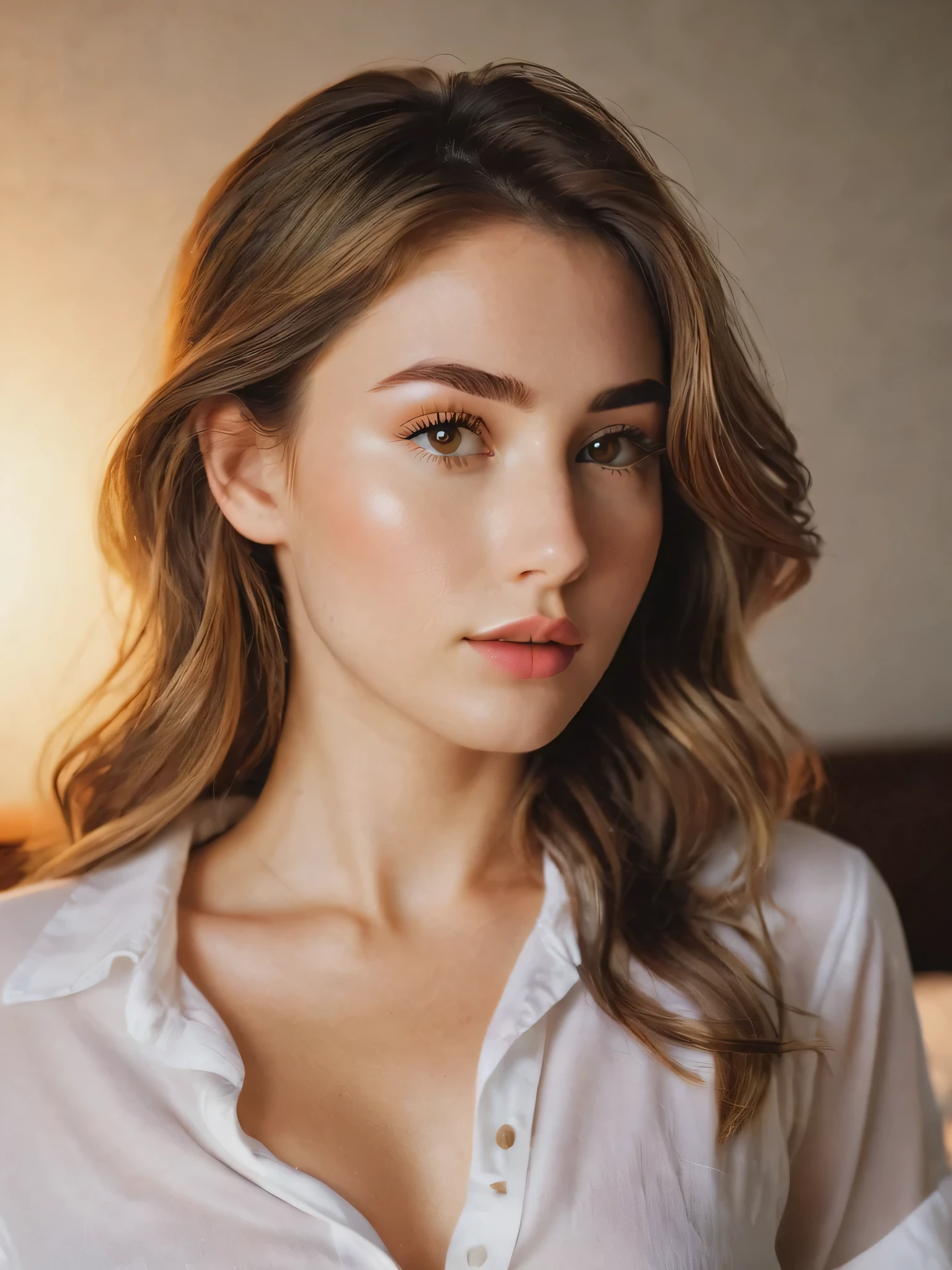 Best quality,high resolution,8k masterpiece, atmosphere, golden hour light:1.3, bright light hard light:1.2, fuji color:1.5, film grain, full body frontal camera shot:1.5,
Atractive woman, 22 year old, delicate occidental features, aureal proportion:1.5, slight wavy brown hair with little few blonde lights:1.4, thick sexy eyebrows:1.4, long eyelashes:1.3,deep eye look:1.3, (real skin texture:1.3), medium thick lips :1.3, brown golden eyes :1.5, bed room:1.5, indoor, white shirt:1.4, high contrast .