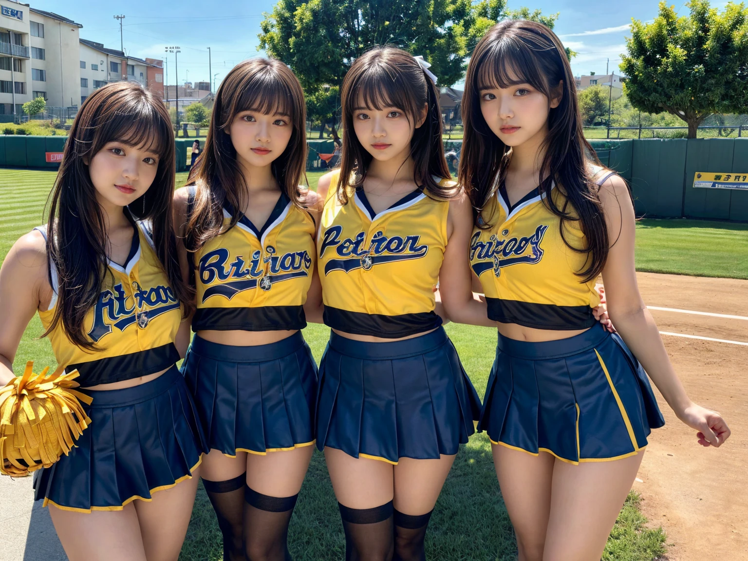masterpiece, best quality, illustration, Super detailed, fine details, High resolution, 8K,wall paper, perfect dynamic composition,(Details High quality, realistic depiction of eyes:1.3), (3 girls), BREAK (cheerleader uniform with yellow as basic color:1.3), (holding a yellow pompoms in hand:1.4), (sleeveless yellow tunic with baseball team logo:1.4), yellow tops, (bold V-neck:1.3), ((Blue lines, black lines) on tops:1.3), ((fit and flare, A-line):1.3), (A-line yellow rah-rah skirt:1.3), mini skirt, (black socks:1.3), (sports shoes:1.2), sitting, open legs, short bob hair, in a hotel room in the background, deep on field, large breasts, black hair color, Big Natural Color Lip, (perfect body shape), crying a little、Harajuku style、20 year old girl、cute type、beautiful legs, Gravure Idol
