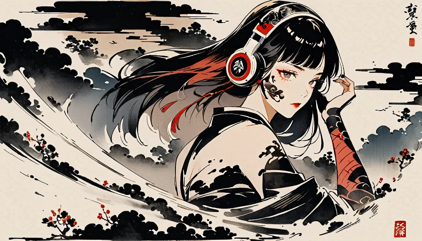 Ink painting, (((1 girl))), (((tattooon face))), Japanese style headphones, Beautiful girl, black hair, Sensitive and precise, Moderner Ukiyo-e-Stil, darkness