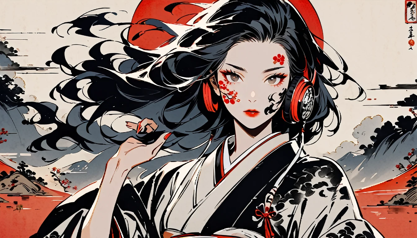 Ink painting, (((1 girl))), (((tattooon face))), Japanese style headphones, Beautiful girl, black hair, Sensitive and precise, Moderner Ukiyo-e-Stil, darkness