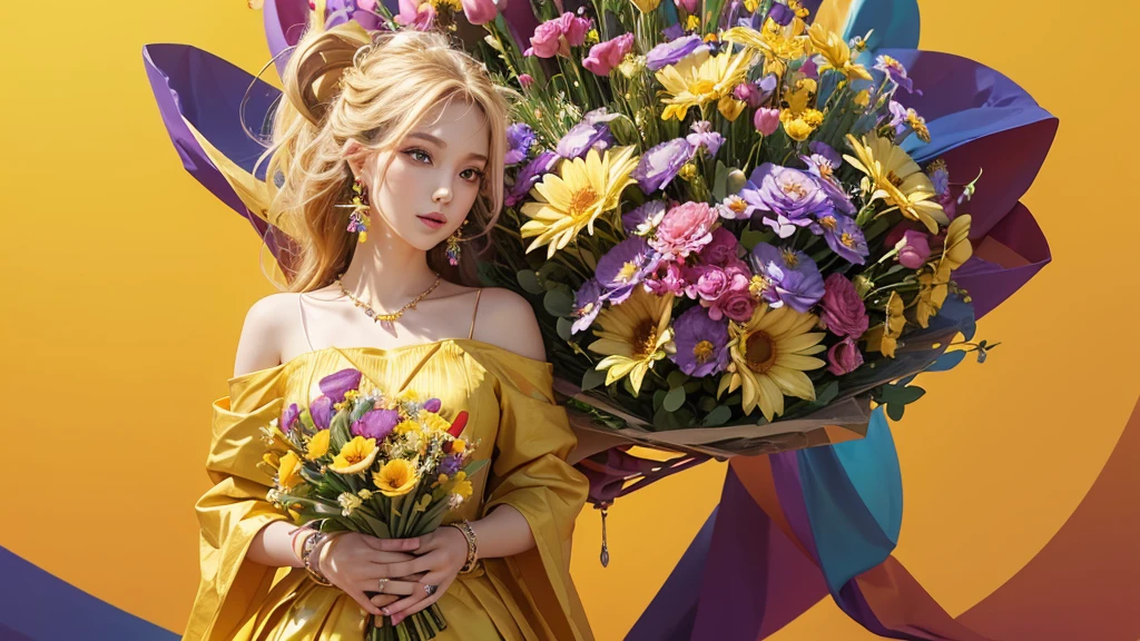 32K, 最高quality, 最高masterpiece, (ultra-Detailed Background, Detailed Background), High resolution, Super detailed, Very detailedな, One girl, (bouquet:1.3), (Tangled:1.2), (Geometric:1.2),(colorful),(masterpiece, quality, best quality, Official Art, Beautiful and beautiful:1.2), (1 girl:1.3), Very detailed,(colorful:1.1)(Flowers:1.3),Most detailed,(Tangled:1.2), whole body, (Abstract background:1.3), (Skin glows), (Many colors:1.4), ,(Earrings Jewelry:1.5), Yellow background,