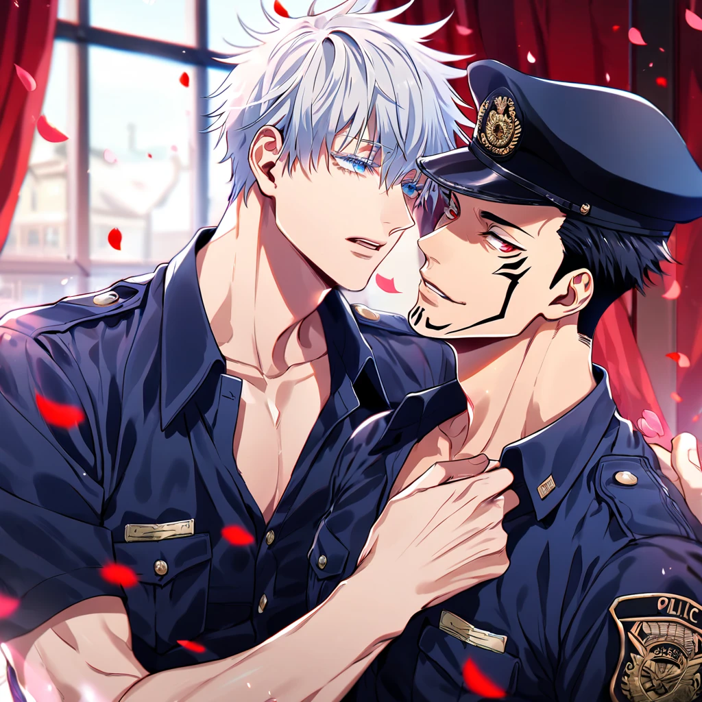 absurdres, highres, ultra detailed, HDR, master piece, best quality, Ryoumen Sukuna, black hair, expressive red eyes, Jujutsu Kaisen, Gojou Satoru, white hair, expressive blue eyes, white eyelashes, two sexy men together, yaoi, gay couple, handsome, horny, black police officer clothes, unbuttoned shirt, black hat, police, fantasy, police station, window, petals, flowers, room, red curtains, Nu Carnival