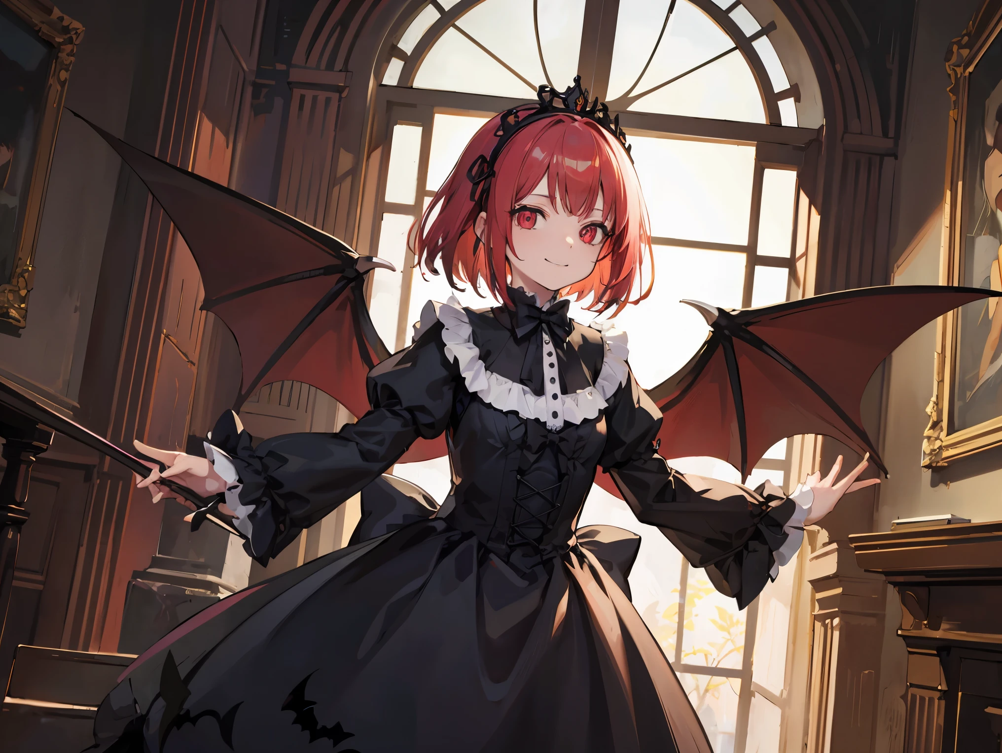 (red hair, hime cut), tiara, mismatched sclera, evil smile, Baroque, chiaroscuro, masterpiece, accurate, high quality, best quality, high details, super detail, Vampire, aristocratic vampire, dark castle interior, moonlight shining through a window into a dark room, at night, Gothic Lolita, Gothic Lolita costume, background (bats flying around), Standing halfway up the stairs