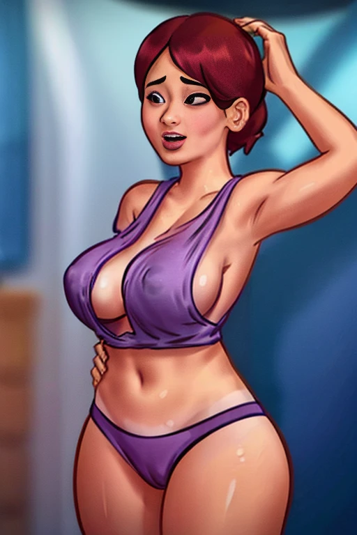 with a loose shirt showing her small breasts, sideboob, ahegao face, fully body, thick-thighs, Waist slender
