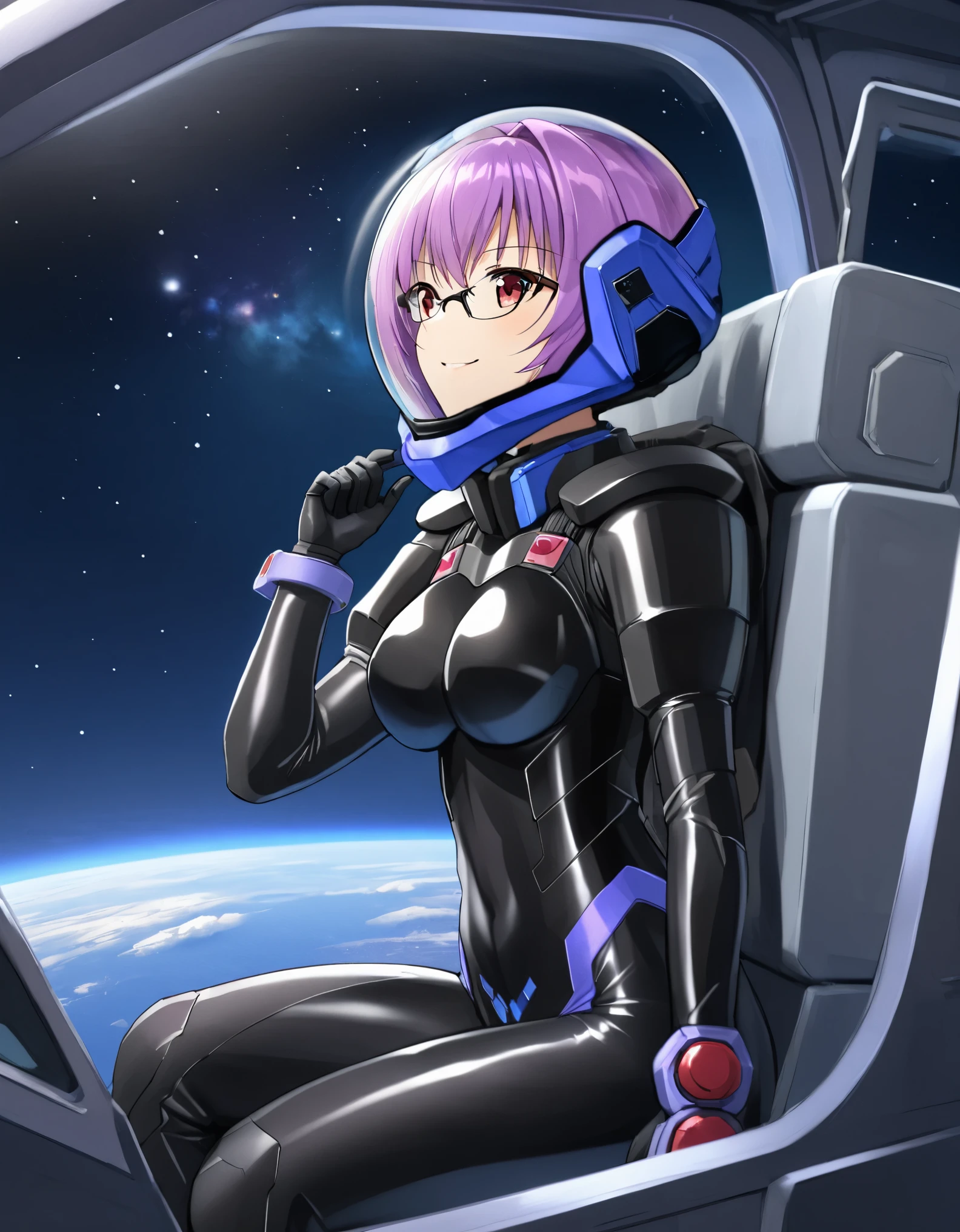 ((Female pilot in the cockpit of a reconnaissance plane), (airplane cockpit), (in flight), (10000 feet altitude)、(sky view):1.7),, short hair, street, emo, PINK hair, white eyes, eyeliner, apocalypse, girl, nside the (cockpit:1.9) of a (futuristic spaceship:1.6), , blush,sitting on a chair, covered navel, space helmet, muvluv, space helm, plug suit , space helmet, eva helm, space suit, short hair, from side, SMILE, GLASSES, FULL BODY,purple hair:1.2),, bodysuit, latex, (top-quality、in 8K、32K、masterpiece、nffsw、超A high resolution、Impresionismo、