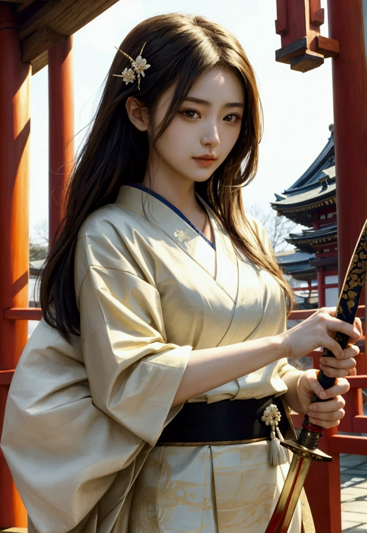 A beautiful woman holding a Japanese sword、