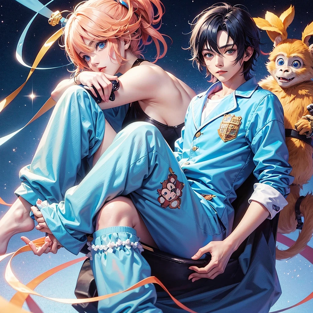 anime boy, chibi style, Beautiful, with blue eyes,with monkey pajamas, 2D anime style, anime fund 