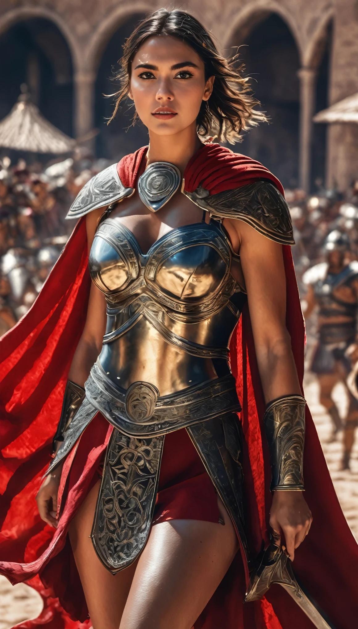 Highest quality, Realistic, photoRealistic, Award-winning photography, (Intricate details, Arena: 1.2), (Subtle details), (Intricate details), (Cinematic Light, Super sexy short hair woman, Gladiator, , huge firm bouncing chests, sexy long legs, dynamic sexy pose, Gladiatorの正装, Gladiatorの鎧, Gladiator, leg armor, Red Cape, Full body close-up),