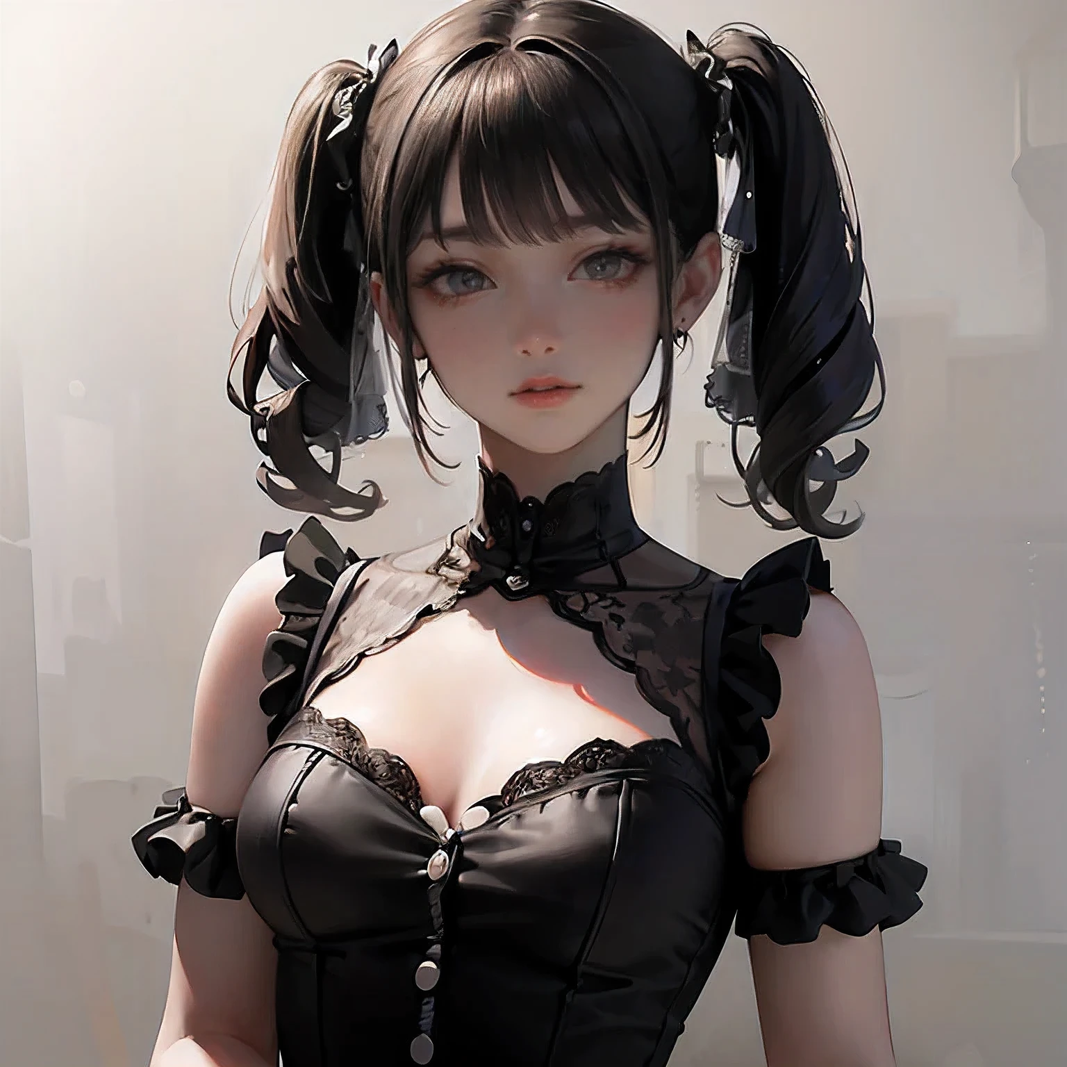 (8k, RAW Photos, Highest quality, masterpiece: 1.2), (Real、Photorealistic: 1.4), (Highly detailed 8K wallpapers), Very delicate and beautiful, Ultra-high resolution, 3d, Princess like a doll, cute, highly detailed dress, Twin tails, Blunt bangs, Shiny Hair, Transparent white skin, large, round eyes, Thin lips, round face, Upper Body, Elevation, Looking at the camera, The best light, Perfect composition, 