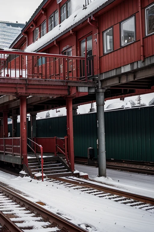 red railway station in norway, single track, terminus tall