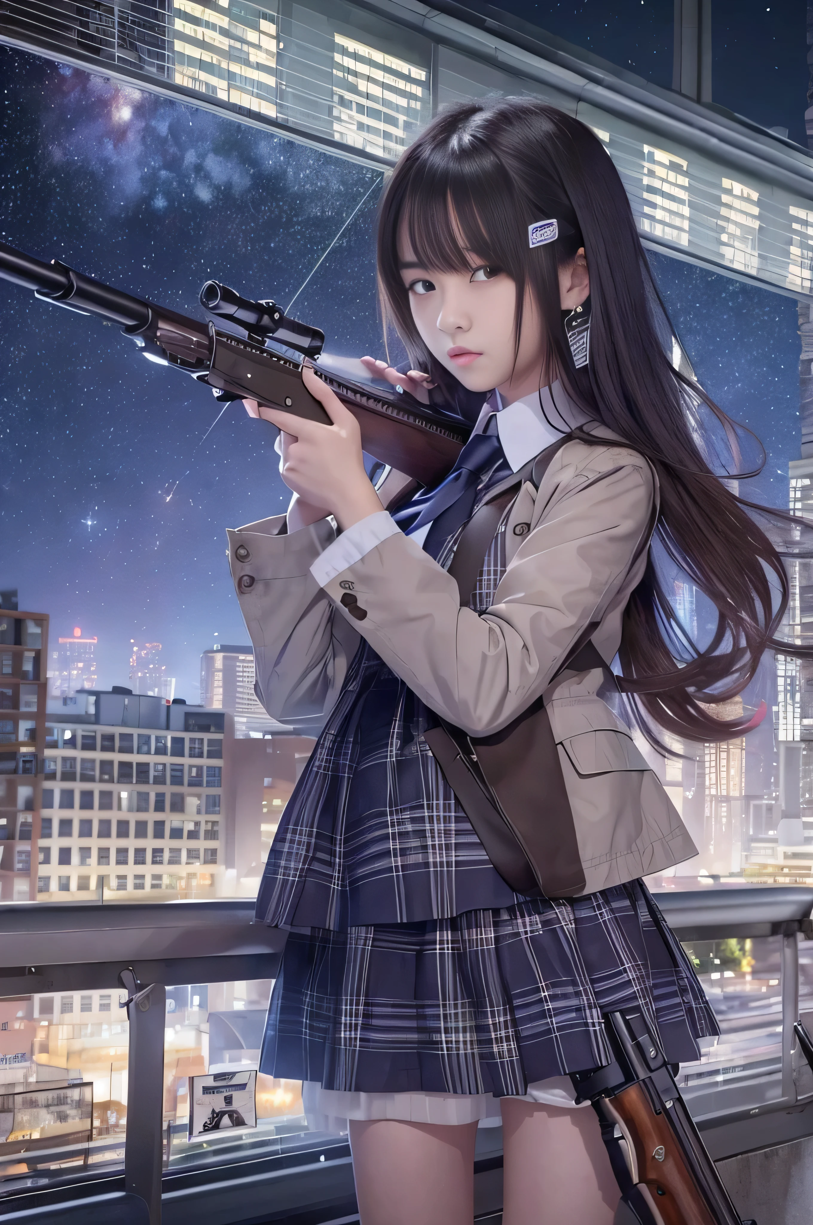 (RAW quality:1.4), 1 female、, Black Hair, Straight Short Hair, (so beautiful)、(Beautiful Face:1.5)、(Detailed face)、Are standing、(high School Uniform)、Dark blue jacket、White shirt、tie、Checked mini skirt、Brown hair、(heavy makeup)、(hold the rifle)、(Point your rifle:1.5)、h&In the case of hK416、(On the roof of a high-rise building), night, Starry Sky, milky way,