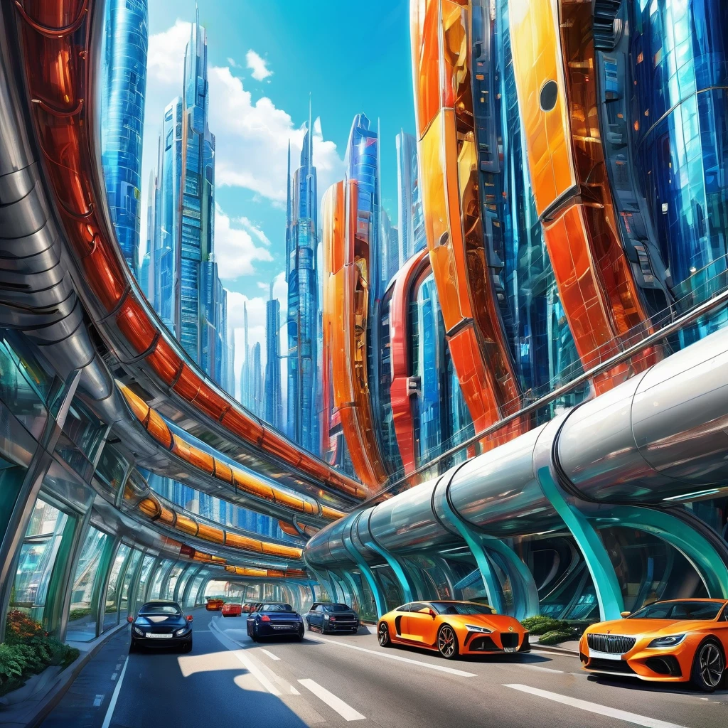 A futuristic metropolis made of glass and steel，The shape of the high-rise buildings is like a fake，Vehicles are individual sperm with and windows，Drive on the streets. The tunnel looks like. Surrealism, Vibrant colors, 16K