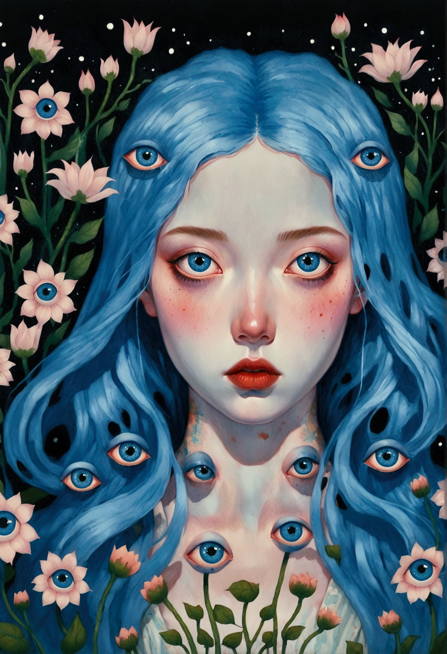 painting of a woman with blue hair and blue eyes surrounded by flowers, pop surrealism lowbrow art style, lowbrow pop surrealism, japanese pop surrealism, third - eye visions, starry eyes, third eye, pop surrealism, portrait of a mystical giant eye, psychedelic illustration, many eyes on head, mystical eyes, pop surrealism art style, pop - surrealism