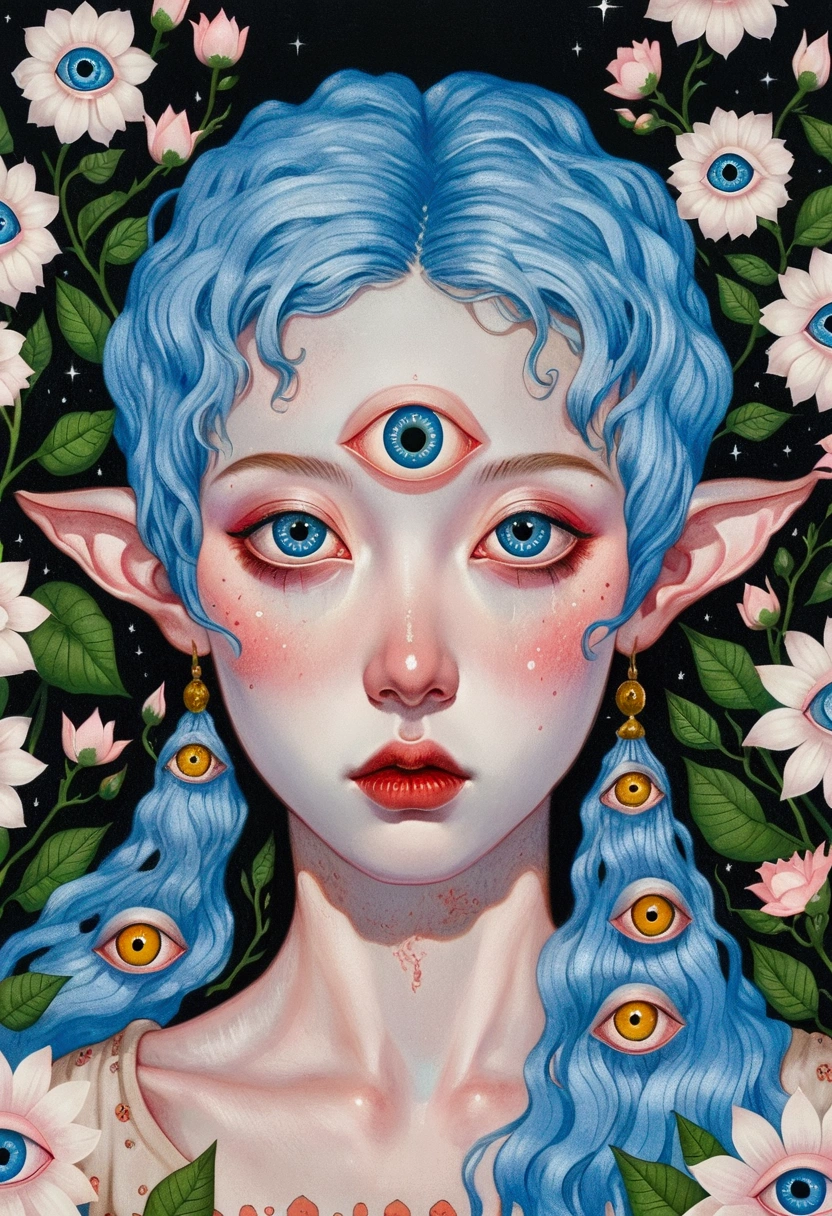 painting of a woman with blue hair and blue eyes surrounded by flowers, pop surrealism lowbrow art style, lowbrow pop surrealism, japanese pop surrealism, third - eye visions, starry eyes, third eye, pop surrealism, portrait of a mystical giant eye, psychedelic illustration, many eyes on head, mystical eyes, pop surrealism art style, pop - surrealism