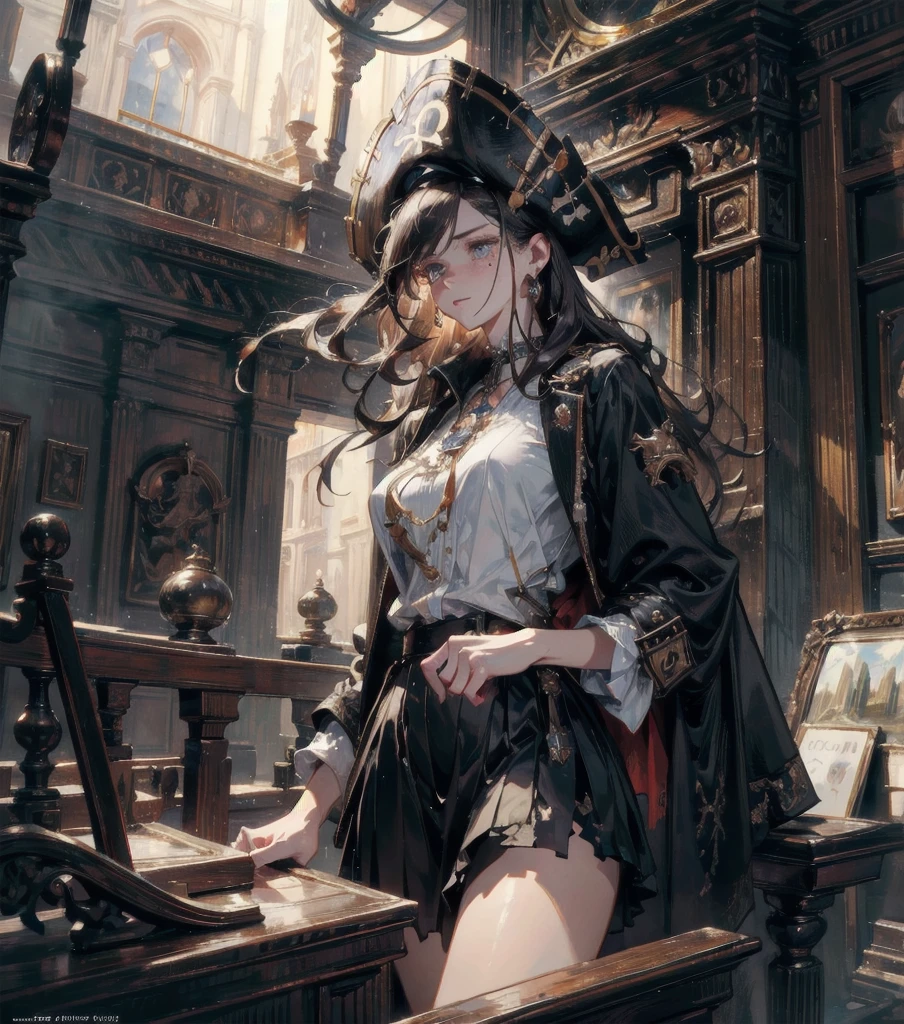 absurdres, RAW photo, extremely delicate and beautiful, masterpiece, Best Quality, ultra high resolution, 32k, hyperrealistic, ultra-detailed, Very detailed CG 8k wallpaper, detailed background, landscape, Beautiful Lighting, Perfect Lightning, Realistic Shadows, perfect anatomy, anatomically correct, ideal ratio body proportions, perfect figure, Perfect Style, Perfect balance, super Detailed skin, in her 30s, very Slim body, narrow waist, very small head, very small face, delicate facial features, handsome detailed woman, very detailed eyes and face, realistic face proportions, Realistic beautiful face, Realistic beautiful eyes, tearful mole, earring, cowboy shot, very huge round tits, medium hair, asymmetrical hair, wavy hair, Practical pirate clothing, Long-sleeved pirate top, short skirt,Torn pirate hat, white shirt,