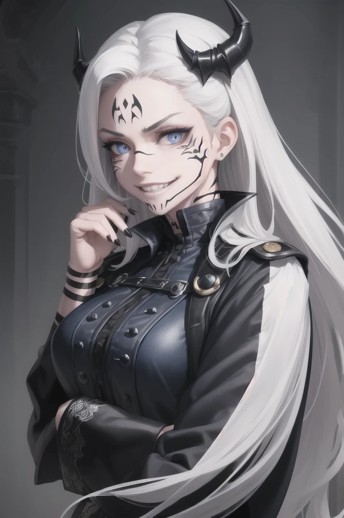 (masterpiece, best quality:1.2), upper body, solo, 1girl, sukunatattoo, evil grin, looking at viewer, hand on own face, long hair, white hair, blue eyes, extra eyes, v-shaped eyebrows, black jacket, long sleeves, dark lighting, caustics 