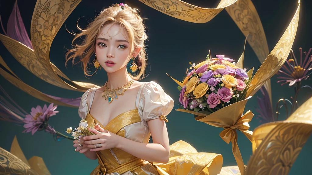 32K, 最高quality, 最高masterpiece, (ultra-Detailed Background, Detailed Background), High resolution, Super detailed, Very detailedな, One girl, (bouquet:1.3), (Tangled:1.2), (Geometric:1.2),(colorful),(masterpiece, quality, best quality, Official Art, Beautiful and beautiful:1.2), (1 girl:1.3), Very detailed,(colorful:1.1)(Flowers:1.3),Most detailed,(Tangled:1.2), whole body, (Abstract background:1.3), (Skin glows), (Many colors:1.4), ,(Earrings Jewelry:1.5), Yellow background,