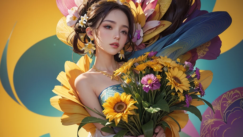 32K, 最高quality, 最高masterpiece, (ultra-Detailed Background, Detailed Background), High resolution, Super detailed, Very detailedな, One girl, (bouquet:1.3), (Tangled:1.2), (Geometric:1.2),(colorful),(masterpiece, quality, best quality, Official Art, Beautiful and beautiful:1.2), (1 girl:1.3), Very detailed,(colorful:1.1)(Flowers:1.3),Most detailed,(Tangled:1.2), whole body, (Abstract background:1.3), (Skin glows), (Many colors:1.4), ,(Earrings Jewelry:1.5), Bright yellow background,