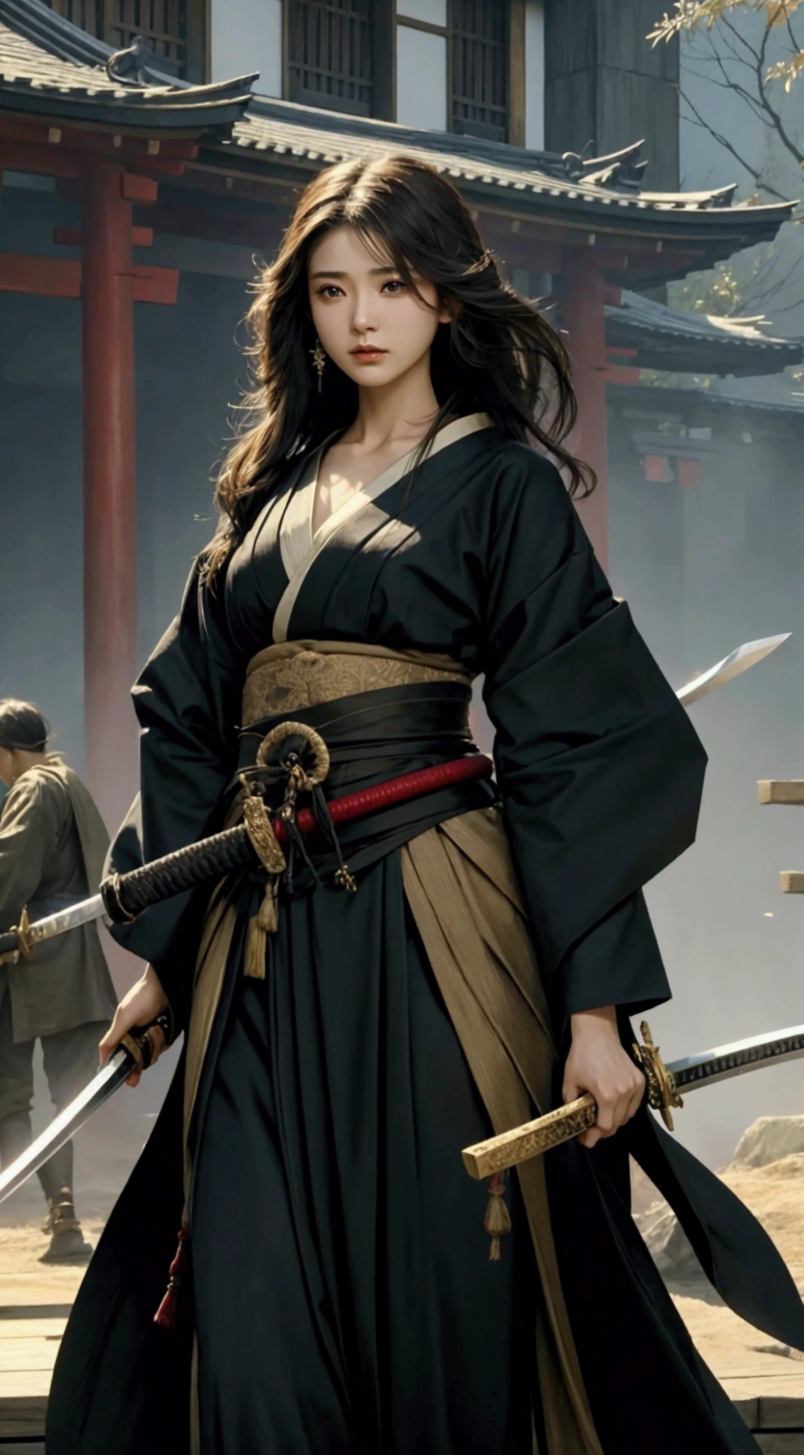 A beautiful woman holding a Japanese sword、
