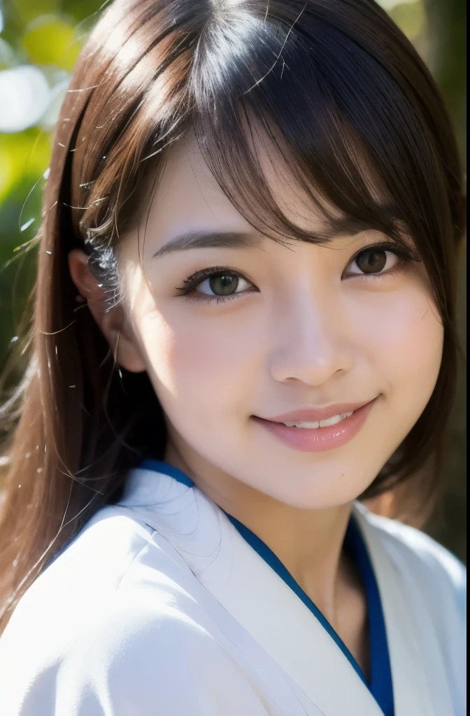 best quality, face focus, soft light, ultra high res, (photorealistic:1.4), RAW photo,(Shinozaki Ai),
1japanese girl, solo, cute, kawaii, smile, (pupil, lights in the eyes), detailed beautiful face,(high resolution detail of human skin texture),(long hair),(portrait), upper body, white traditional kimono, in the forest,