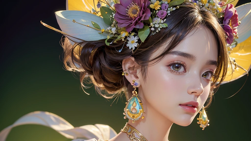 32K, 最高quality, 最高masterpiece, (ultra-Detailed Background, Detailed Background), High resolution, Super detailed, Very detailedな, One girl, (bouquet:1.3), (Tangled:1.2), (Geometric:1.2),(colorful),(masterpiece, quality, best quality, Official Art, Beautiful and beautiful:1.2), (1 girl:1.3), Very detailed,(colorful:1.1)(Flowers:1.3),Most detailed,(Tangled:1.2), whole body, (Abstract background:1.3), (Skin glows), (Many colors:1.4), ,(Earrings Jewelry:1.5), Yellow background,