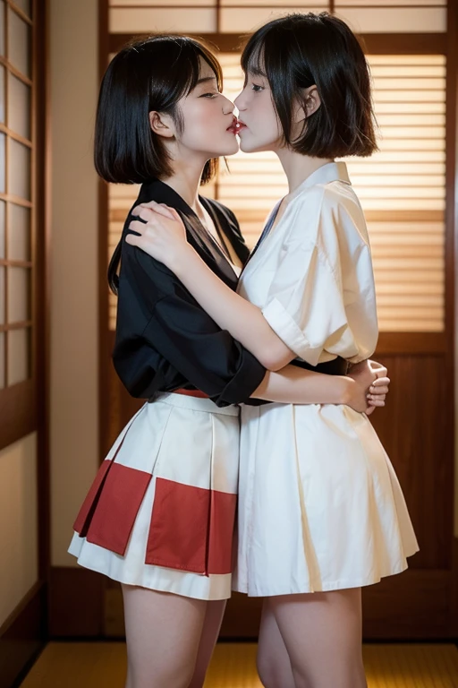 Ultra HD, masterpiece, Japanese Art, 2 girls, high school student, Embrace each other, Look each other in the eye, Both eyes open, Emotions run high, Black Hair, Chestnut color, Bob, short hair-,  White short skirt, (Kiss), ((French kiss)), close, nsfw, ((saliva)), Standing, Flushed face, Close-up, 