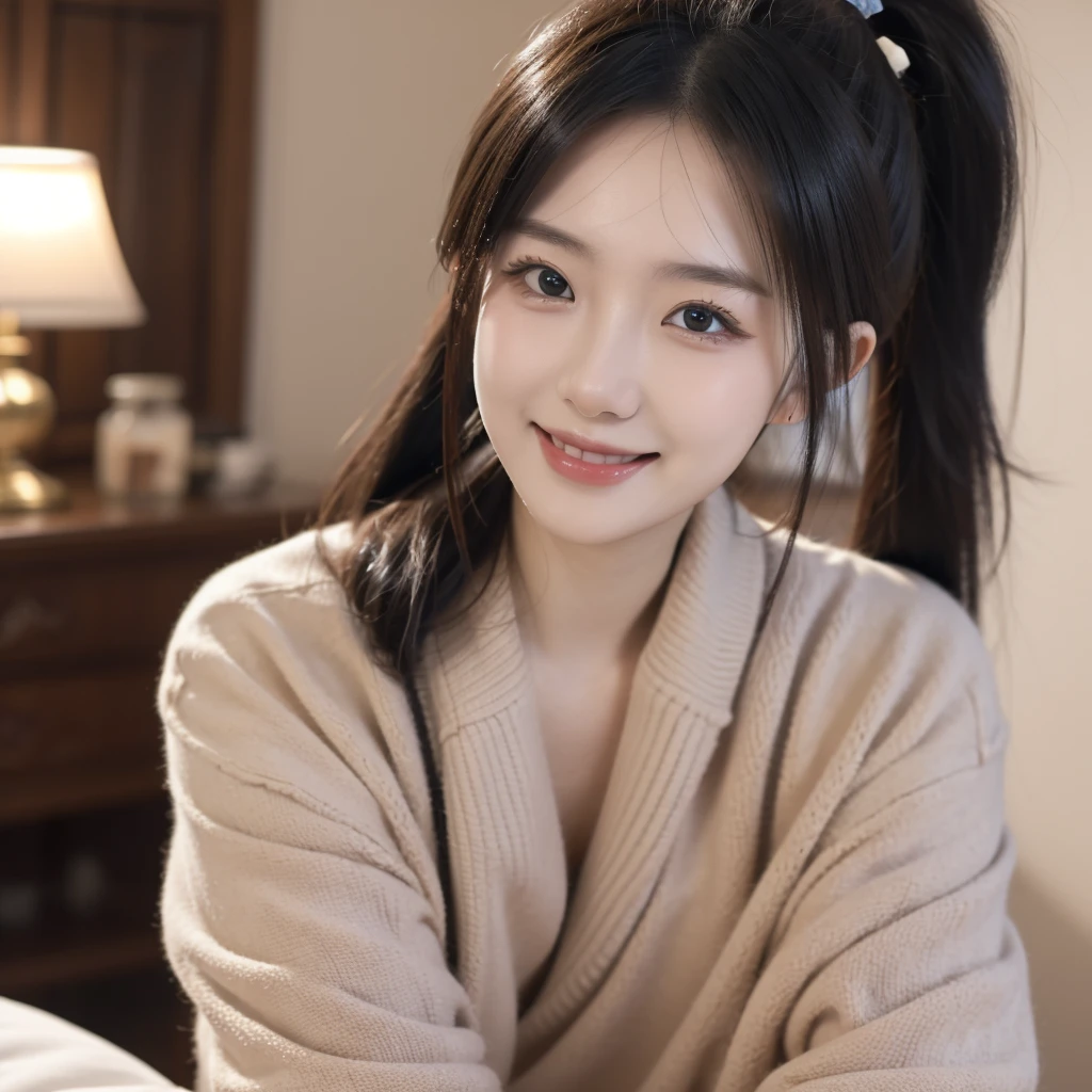 masterpiece, best quality, 8k UHD, ultra-detailed, hyper detailed, cinematic lighting, 1girl, solo, close up photo, detailed background, masterpiece, beautiful, bedroom, casual outfit, smiling, black hair, ponytail