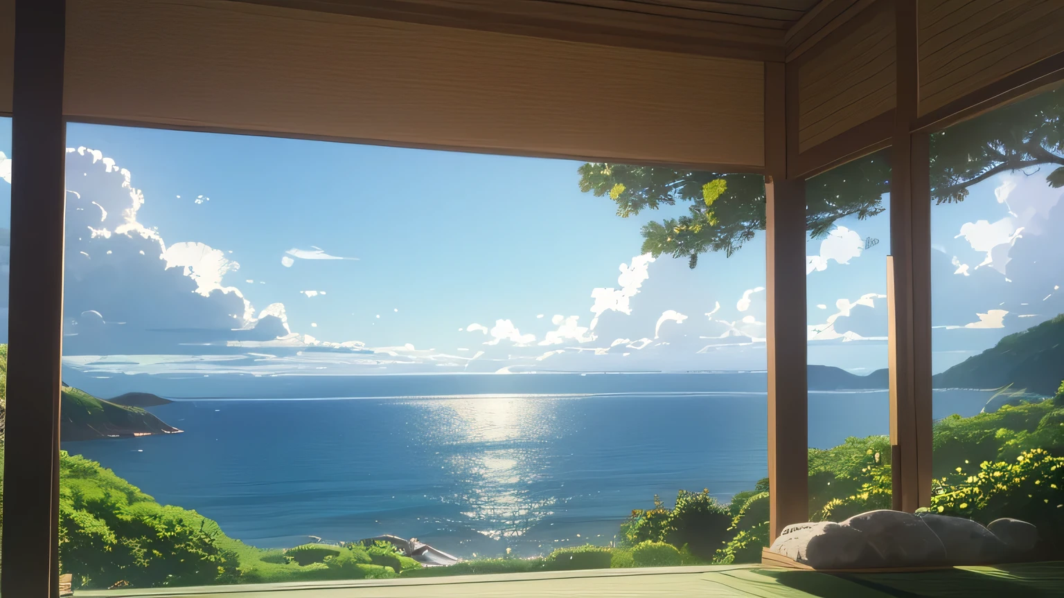 A quiet, emotive scene perfect for music backgrounds, in a Japanese anime style. From a hillside slope, you can see the sea, bathed in the warm light of summer. The atmosphere is serene and nostalgic, with a view of the ocean from a descending street on a hill.