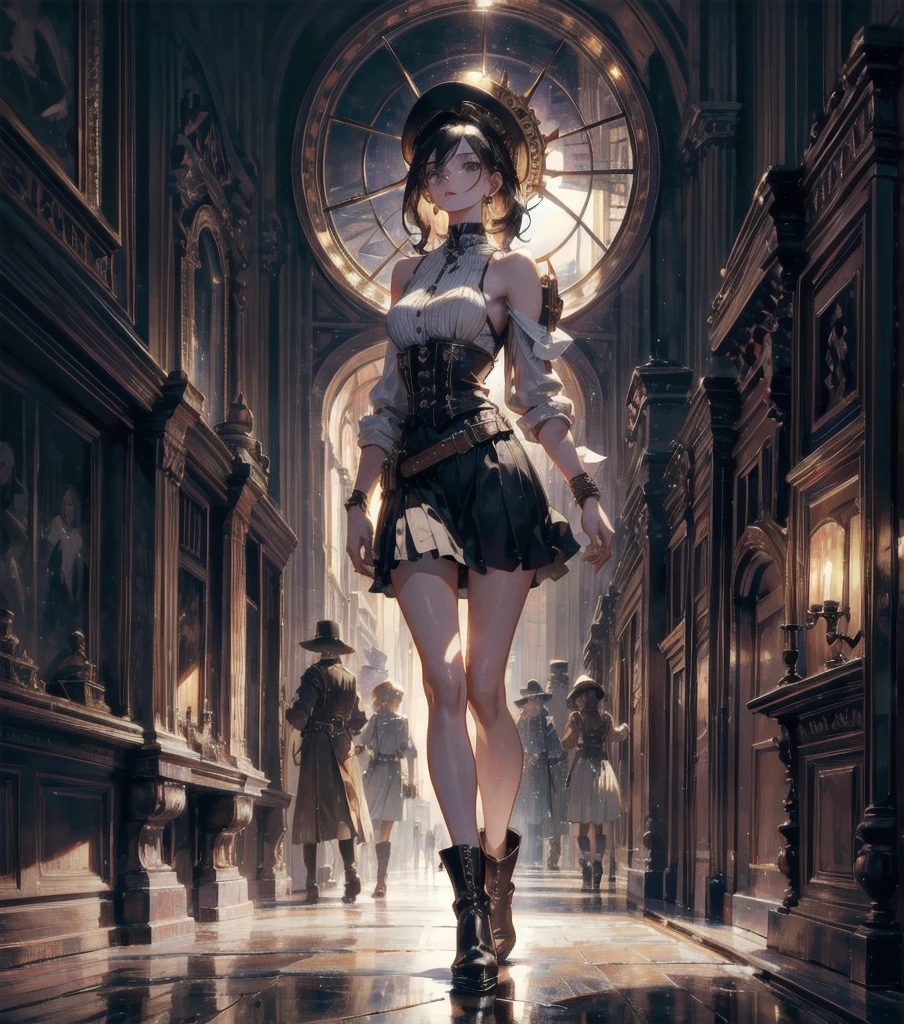 absurdres, RAW photo, extremely delicate and beautiful, masterpiece, Best Quality, ultra high resolution, 32k, hyperrealistic, ultra-detailed, Very detailed CG 8k wallpaper, detailed background, landscape, Beautiful Lighting, Perfect Lightning, Realistic Shadows, perfect anatomy, anatomically correct, ideal ratio body proportions, perfect figure, Perfect Style, Perfect balance, super Detailed skin, in her 30s, very Slim body, narrow waist, very small head, very small face, delicate facial features, handsome detailed woman, very detailed eyes and face, realistic face proportions, Realistic beautiful face, Realistic beautiful eyes, tearful mole, earring, cowboy shot, very huge round tits, medium hair, asymmetrical hair, wavy hair, steampunk fashion, waistcoat, blouse, hat, boots, short skirt, bare shoulder,