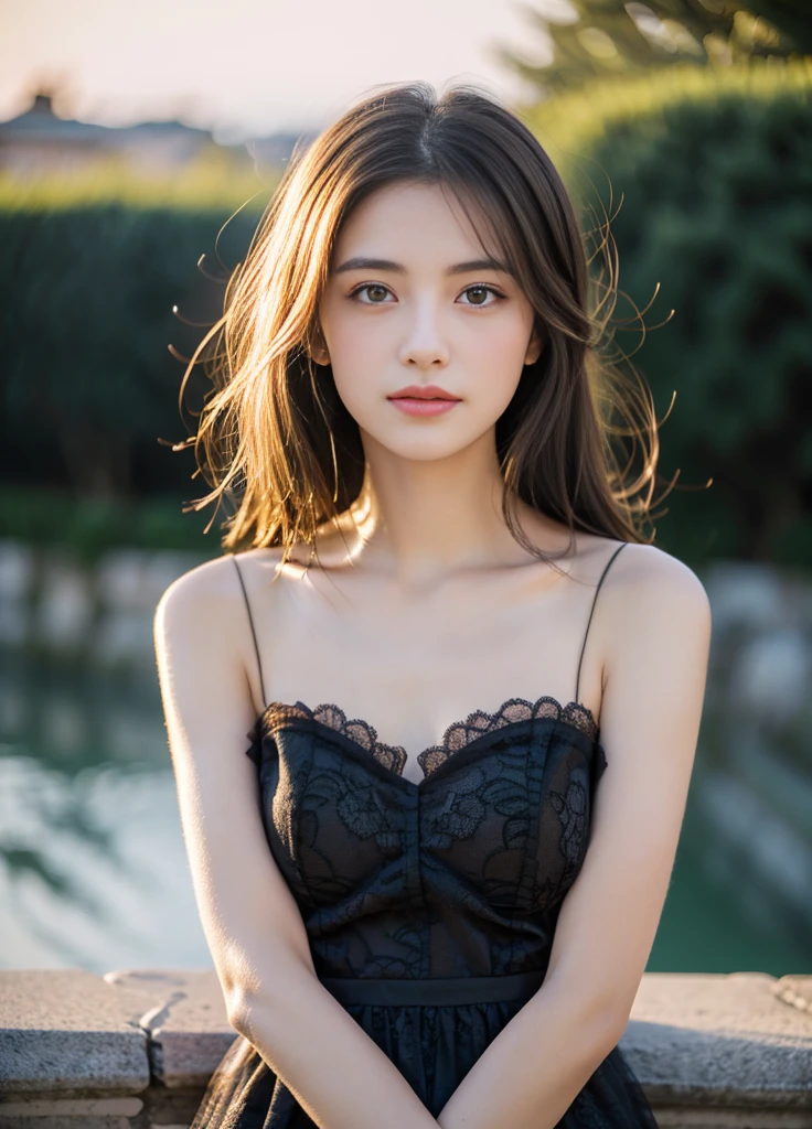 20. year old beautiful girl、Beauty、Japanese、cute、beautiful girl、slim、Highest quality、Realistic、16K、panoramic、((Best Quality, 8k, Masterpiece: 1.3)), 1 girl, full body, slim face, beautiful woman, (short dark brown hair), full-length dress :1.1, super detailed face,Black lace dress、Florence, Italy、sunset、A look asking for a kiss、Put your hands on your head、Smile a little