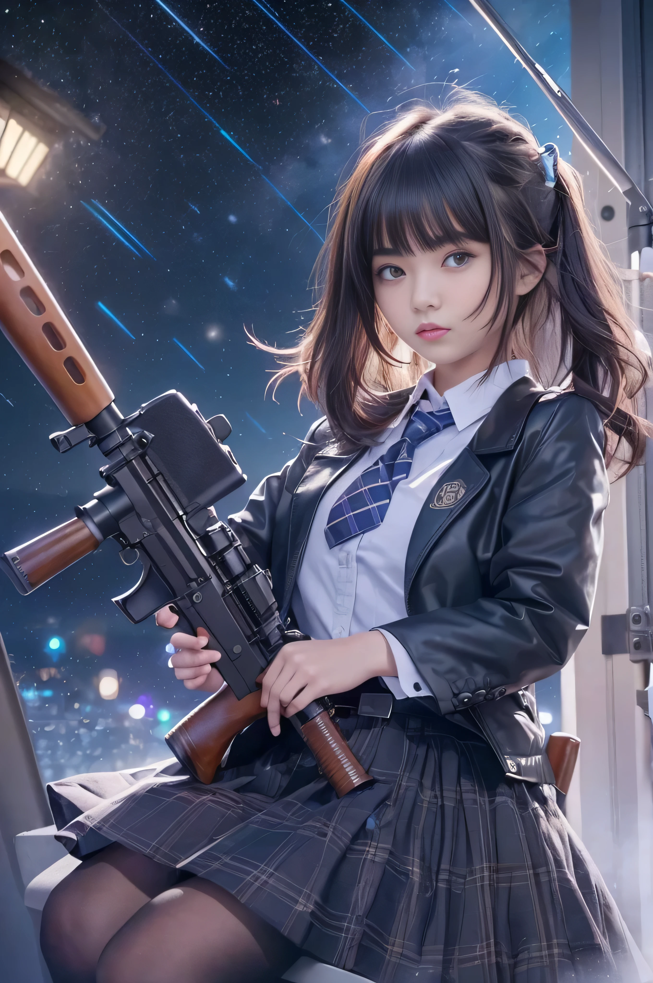 (Raw photo:1.2), (Photorealistic), Beautiful detailed girl, Very detailed eyes and face, Beautiful detailed eyes, Huge file size, High resolution, Very detailed, Best Quality, [masutepiece:1.6], Illustration, Very detailed, Fine detail, Best Quality, 8K Wallpaper, Movie Lighting,Holding a gun in hand、Sailor girl with starburst on background, Bad girl, yami kawaii,  the princess of power, The artist looks Yokoyama, badass pose