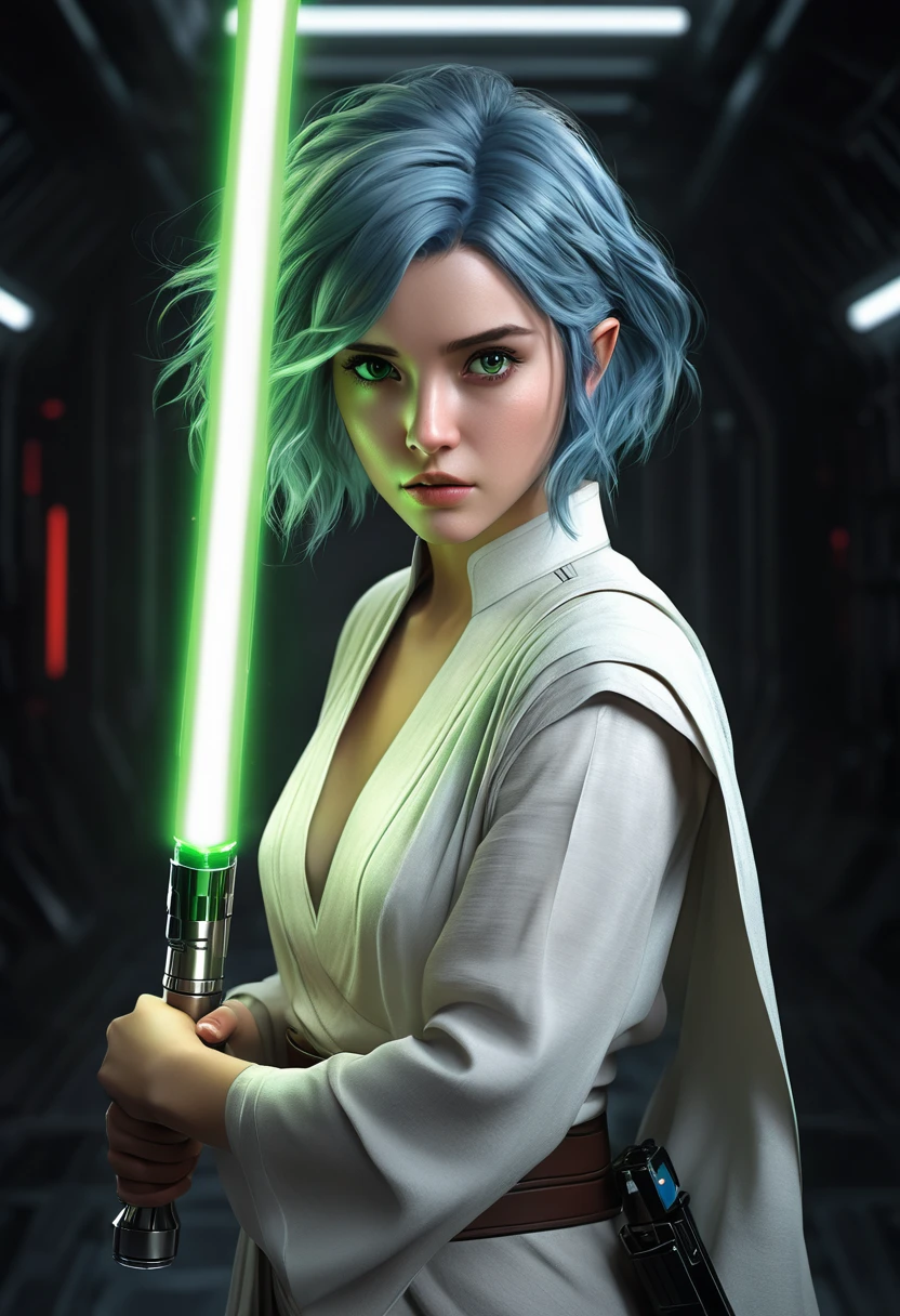 ultra wide angle, in focus, light epic background, gorgeous lifelike, dynamic pose, a young lady, (highly detailed face and eyes:1.3), confident expression, holding green lightsaber in his hand, medium shot, hyper details, lighting art, cinematic, insane details, intricate details, hyperdetailed, jedi com roupas brancas, fractal, dark shot, big , full body, jedi (Star wars), white clothes, short hair, blue hair