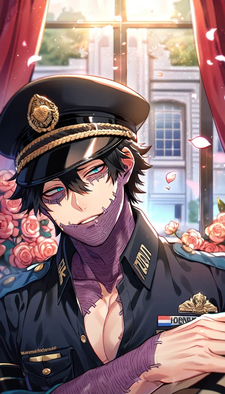 absurdres, highres, ultra detailed, HDR, master piece, best quality, Dabi, black hair, expressive turquoise eyes, Boku No Hero Academia, solo, sexy man, handsome, horny, sensual, black police officer clothes, unbuttoned shirt, black hat, close up, fantasy, police station, window, petals, flowers, room, red curtains, Nu Carnival