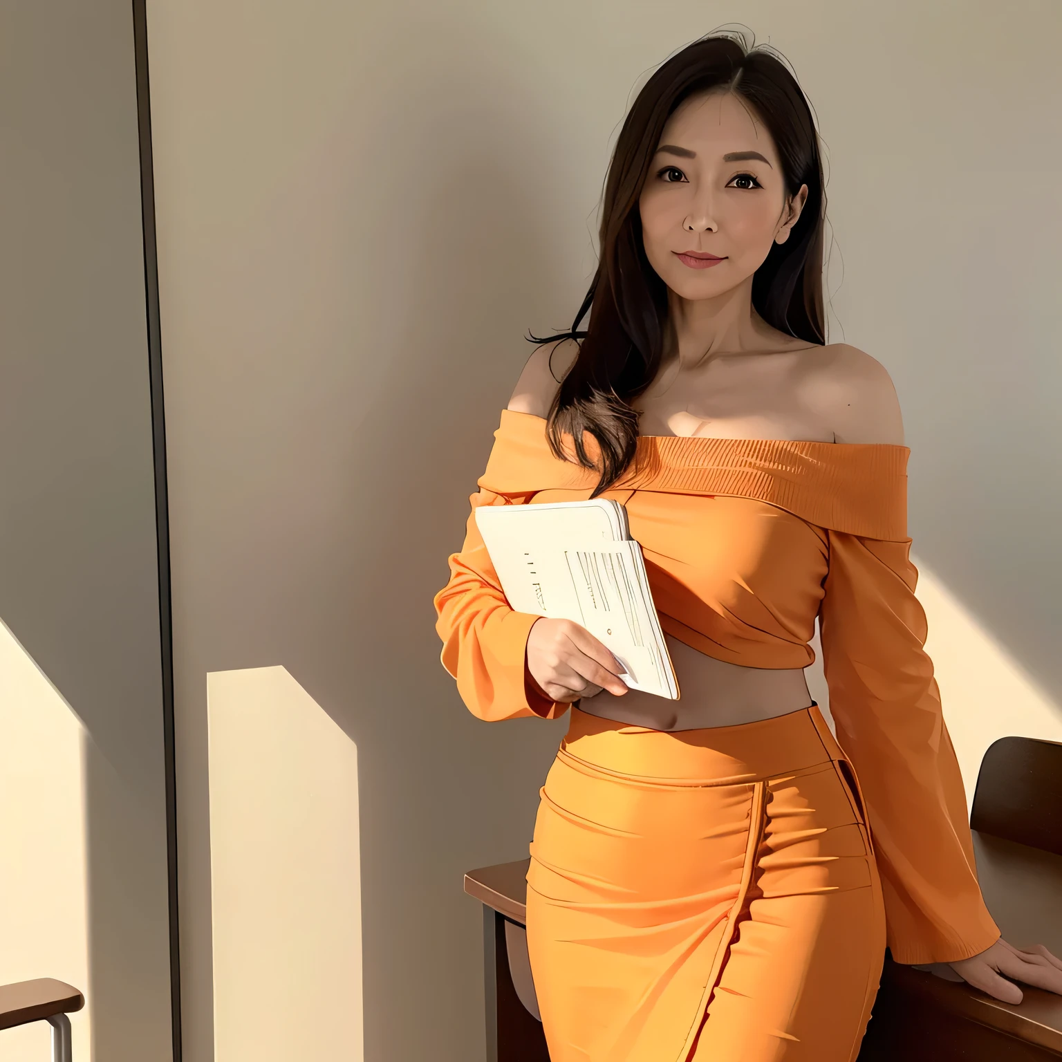 High resolution, High-level image quality, High definition, masterpiece, 8k, Anatomically correct, Professional Lighting, sharp, White Photo, ((Japanese Mature, 90 years old, Beautiful female teacher)), One person, ((Facial wrinkles)), Shapely large breasts, Straight, light brown, long hair that reaches the shoulders, Chubby body type, ((School classroom, Standing upright, holding the attendance book and looking at the viewer)), (((Summer off-the-shoulder long-sleeve tuck draped blouse, Light orange bonded tight skirt for summer))), Composition from knee to head