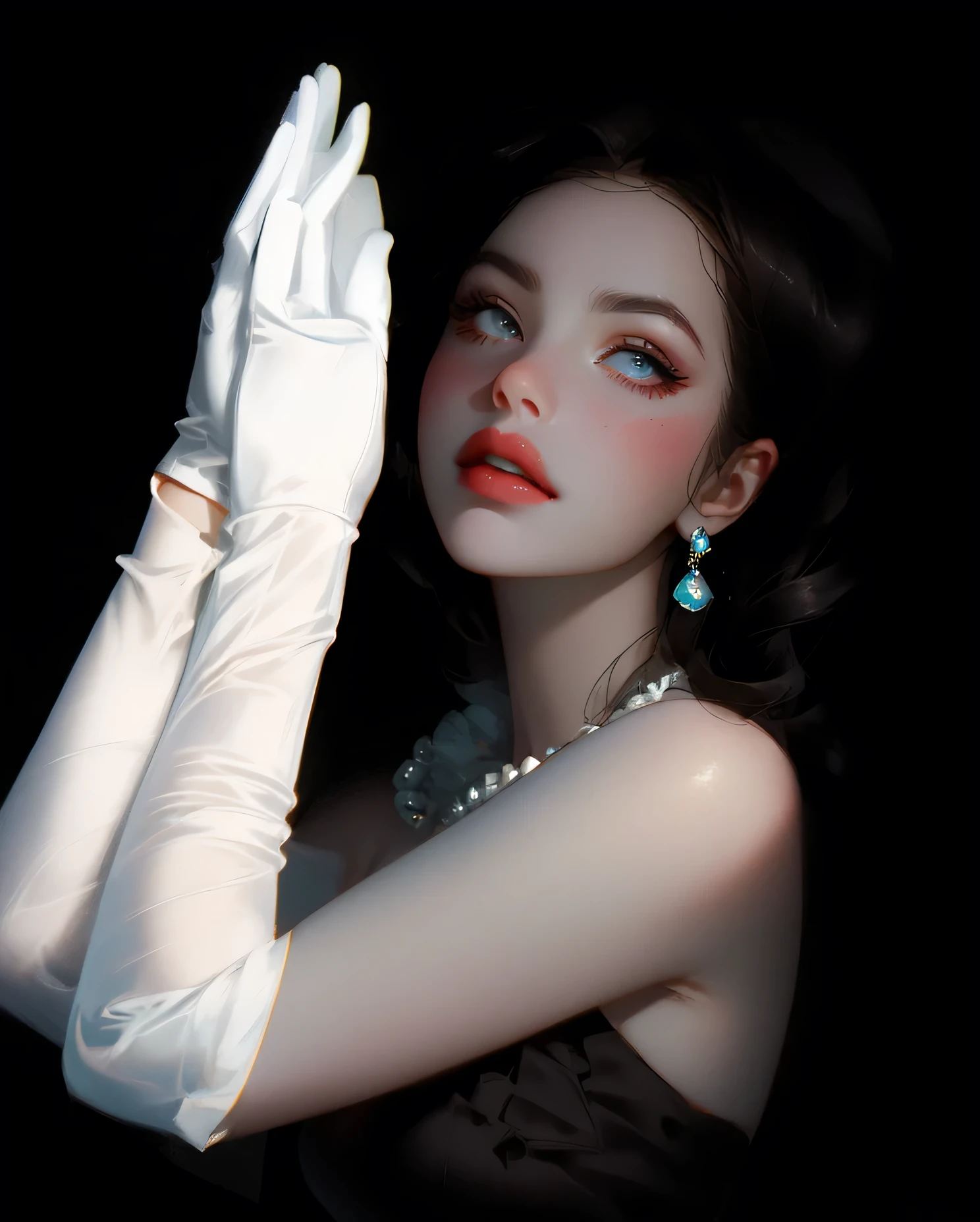arafed woman in a black dress and white gloves posing for a picture, gloves and jewelry. motion, photo of a hand jewellery model, white satin gloves, seductive lady, inspired by George Hurrell, white long gloves, inspired by Hedi Xandt, white gloves, gorgeous woman, mysterious glamour, elegant woman, glamour portrait, flora borsiHD, (Best Detail), (Best Quality), colorful,