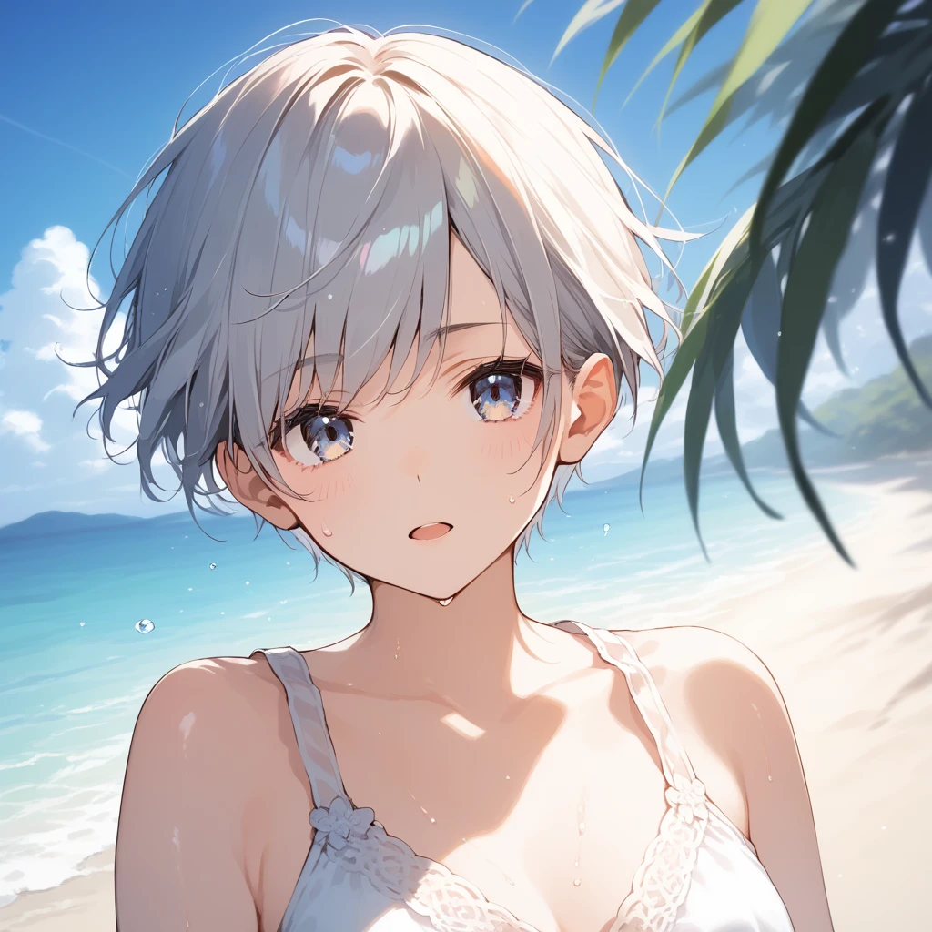 score_9, score_8_up, score_7_up, source_anime, best quality, masterpiece, official art, absurdres, highres, ultra-detailed,waifu2x,Collection: Slice of Life,break,1girl, tomboy, very short hair, pixie cut, breasts, beautiful detailed eyes, expressionless, serahuku, beautiful detailed eyes, sweat, open mouth, sleepily, outdoors, wind, beach,break,(clear line illustration:1.2), super detailed skin,very high resolution, very aesthetic, Best sexual lighting powered by famous artist, 8k,cute picture,beauty illustration,photoshop_(medium),,(Detailed Lighting),best anime 8k konachan wallpaper, pixiv contest winner, 