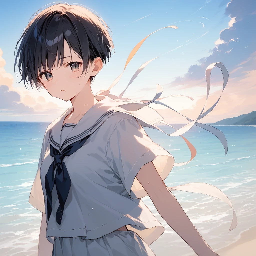 score_9, score_8_up, score_7_up, source_anime, best quality, masterpiece, official art, absurdres, highres, ultra-detailed,waifu2x,Collection: Slice of Life,break,1girl, tomboy, very short hair, pixie cut, breasts, beautiful detailed eyes, expressionless, serahuku, beautiful detailed eyes, sweat, open mouth, sleepily, outdoors, wind, beach,break,(clear line illustration:1.2), super detailed skin,very high resolution, very aesthetic, Best sexual lighting powered by famous artist, 8k,cute picture,beauty illustration,photoshop_(medium),,(Detailed Lighting),best anime 8k konachan wallpaper, pixiv contest winner,