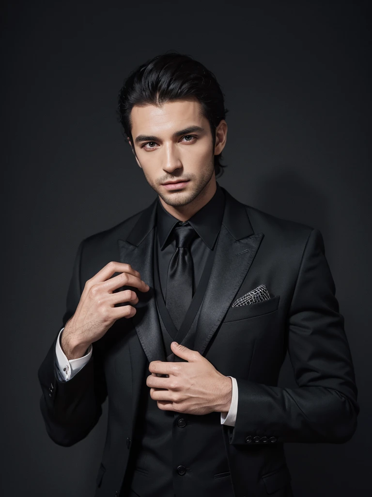 arafed man in a black suit, handsome male, handsome and attractive, handsome and elegant, portrait image, upper body, man in black suit, male model, attractive male, vitaly bulgarov, wearing a saint lauren black suit, attractive and good looking, luxury commercial photography