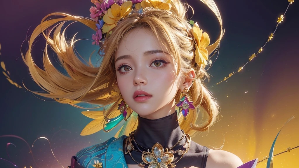 32K, 最高quality, 最高masterpiece, (ultra-Detailed Background, Detailed Background), High resolution, Super detailed, Very detailedな, One girl, (bouquet:1.3), (Tangled:1.2), (Geometric:1.2),(colorful),(masterpiece, quality, best quality, Official Art, Beautiful and beautiful:1.2), (1 girl:1.3), Very detailed,(colorful:1.1)(Flowers:1.3),Most detailed,(Tangled:1.2), whole body, (Abstract background:1.3), (Skin glows), (Many colors:1.4), ,(Earrings Jewelry:1.5), Yellow background,