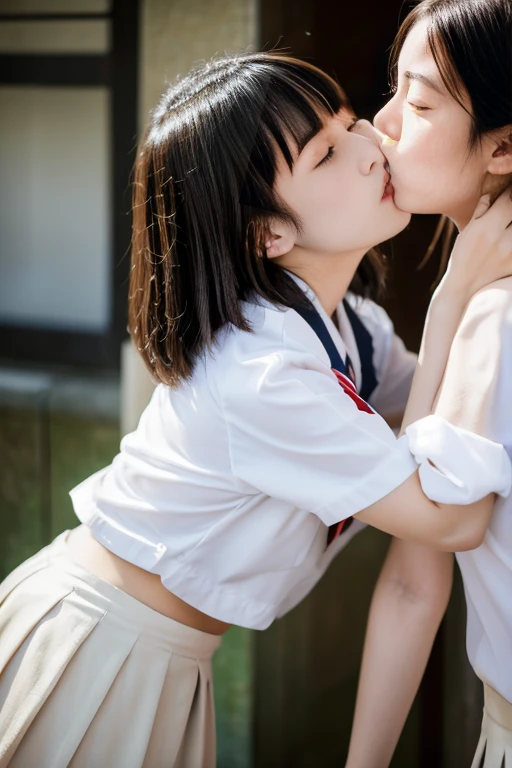 Ultra HD, masterpiece, Japanese Art, 2 girls, high school student, Embrace each other, Look each other in the eye, Both eyes open, Emotions run high, Black Hair, Chestnut color, Bob, short hair-, White short skirt, (Kiss), ((French kiss)), close, nsfw, ((saliva)), Standing, Flushed face, Close-up,
