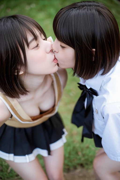 masterpiece、top-quality、full bodyesbian、bangss、Black choker、2girls、lilies、Lesbian Kiss、the kiss、(Dark hair)、Long、hug、cleavage of the breast、Plump breasts、Summer sailor suit、Slimed、see -through、micromini skirt、pleatedskirt、Panchira、