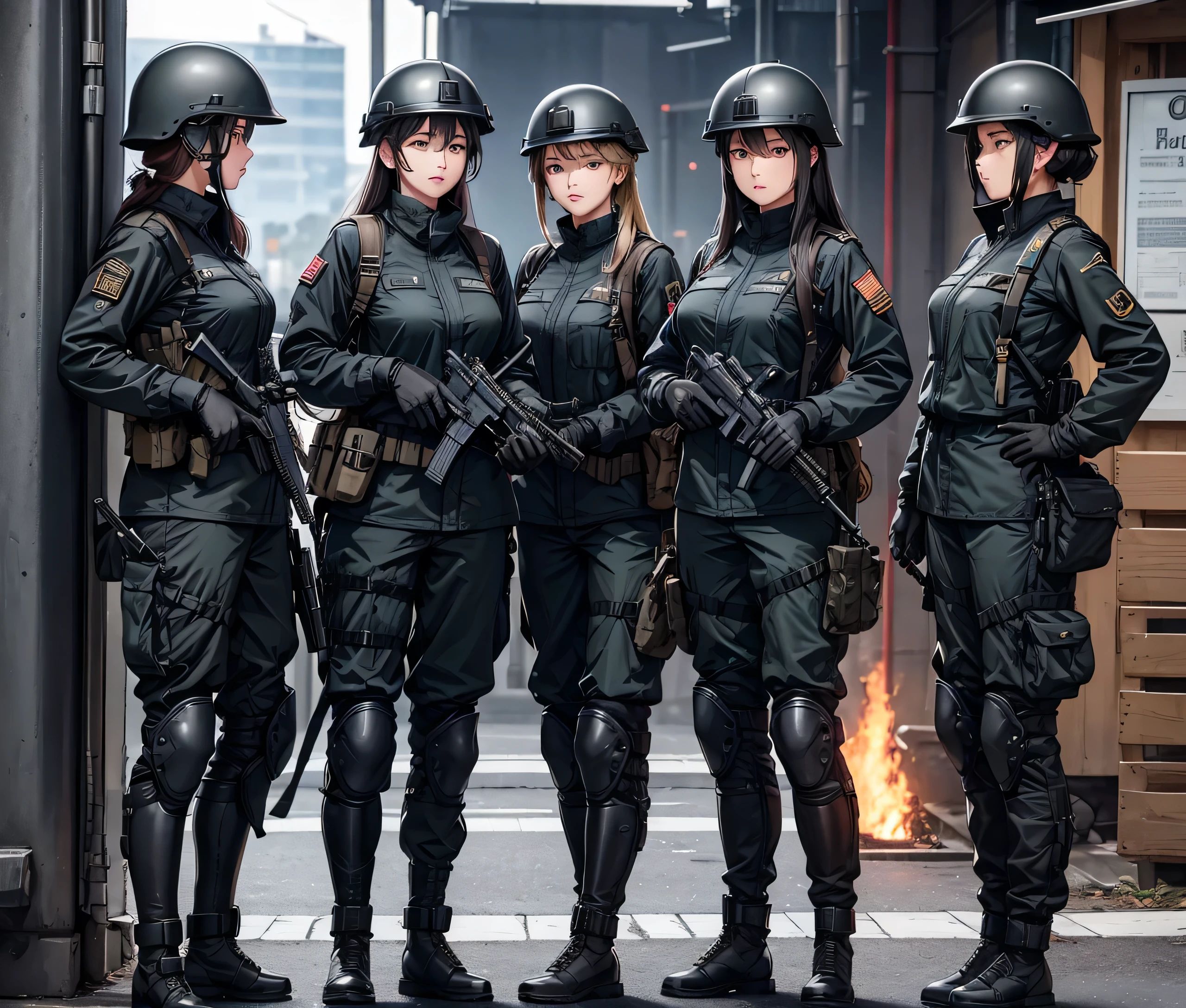 Four female soldiers in black zippered military uniforms、Wear a steel helmet、Gloves、Magazine Pouch、Military Pants、Knee pads、Alert with guns、Write details、masterpiece、best quality、Highly detailed CG、8K picture quality