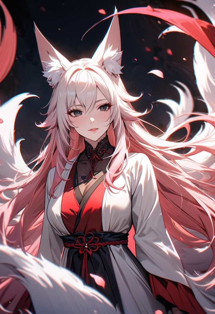 female, nine-tailed female, female fox, nine-tailed fox, fox ears, white hair, pink hair, long hair, black eyes, pretty, beautiful, beautiful color, mature, dress, flying petals, super detail, beautiful color, peerless beauty, high quality, macro picture, deep chin, japanese