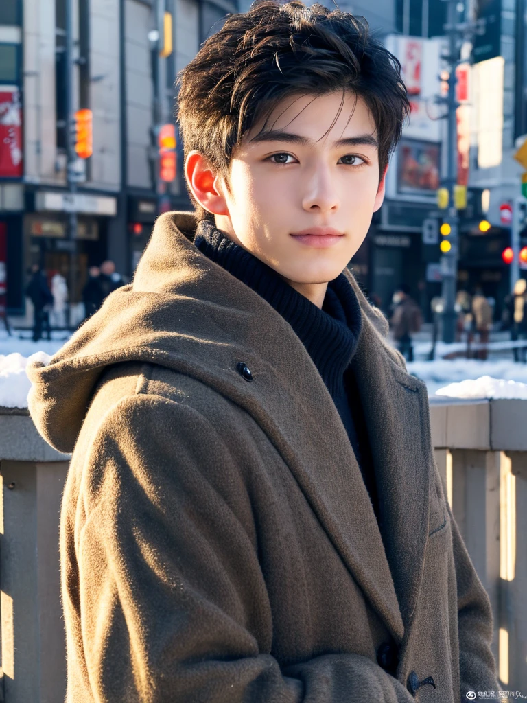 Photorealsitic, 8K full body poster, Beautiful Boys, japanes, An 18-year-old man, A charming expression, detailed face details, TOKYOcty, Winters, Shibuya in the background