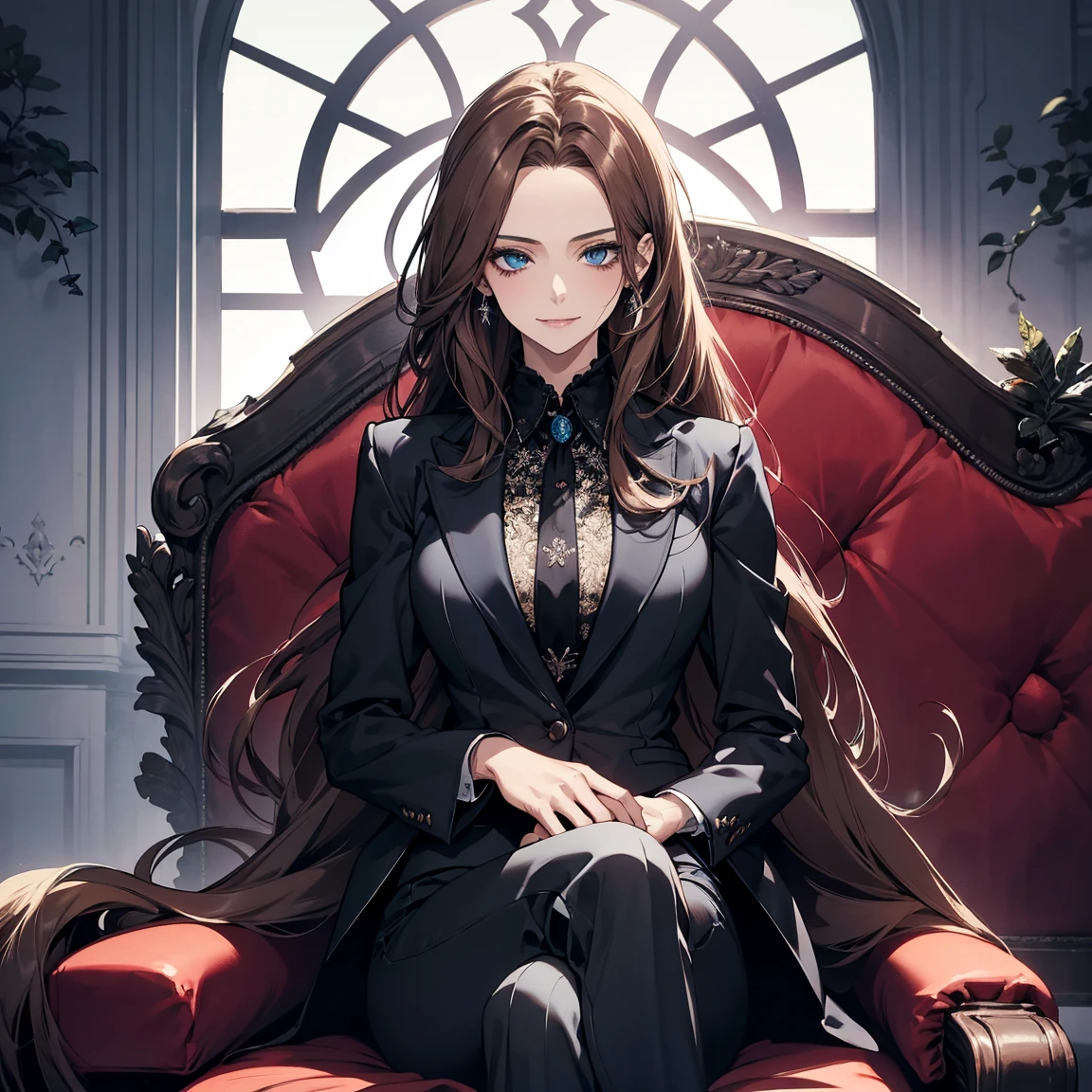 (Highest quality,High resolution,Very detailed),1 girl, Beautiful and elegant light blue eyes, Brown Hair, Cold Smile,Straight long hair tied back, Wearing a black suit, Mature Woman, Age 25,Cruel smile, Calm and Calm,secretary, Slim figure, Pale complexion, thin, Calm, sofa,Sitting cross-legged