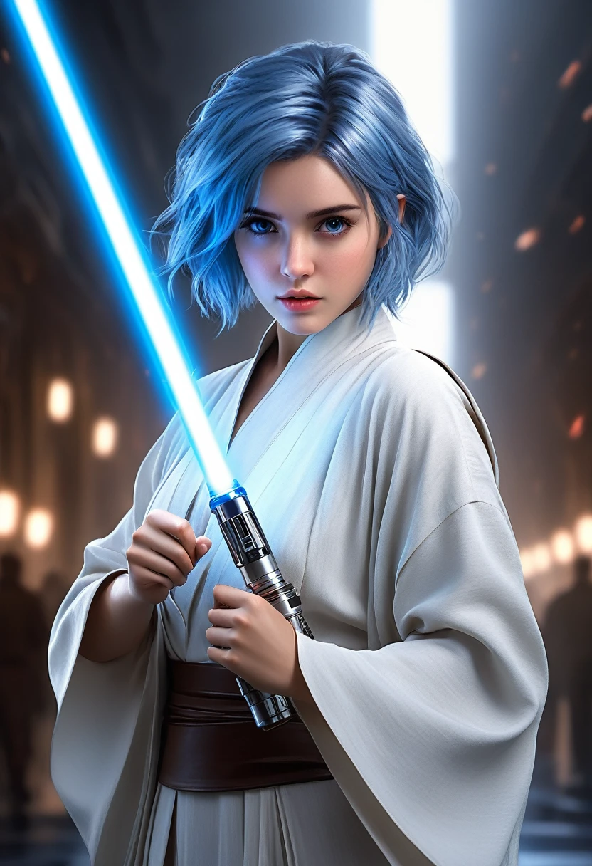 ultra wide angle, in focus, light epic background, gorgeous lifelike, dynamic pose, a young lady, (highly detailed face and eyes:1.3), cute expression, holding blue lightsaber in his hand, medium shot, hyper details, lighting art, cinematic, insane details, intricate details, hyperdetailed, jedi com roupas brancas, fractal, dark shot, big , full body, jedi (Star wars), white clothes, short hair, blue hair