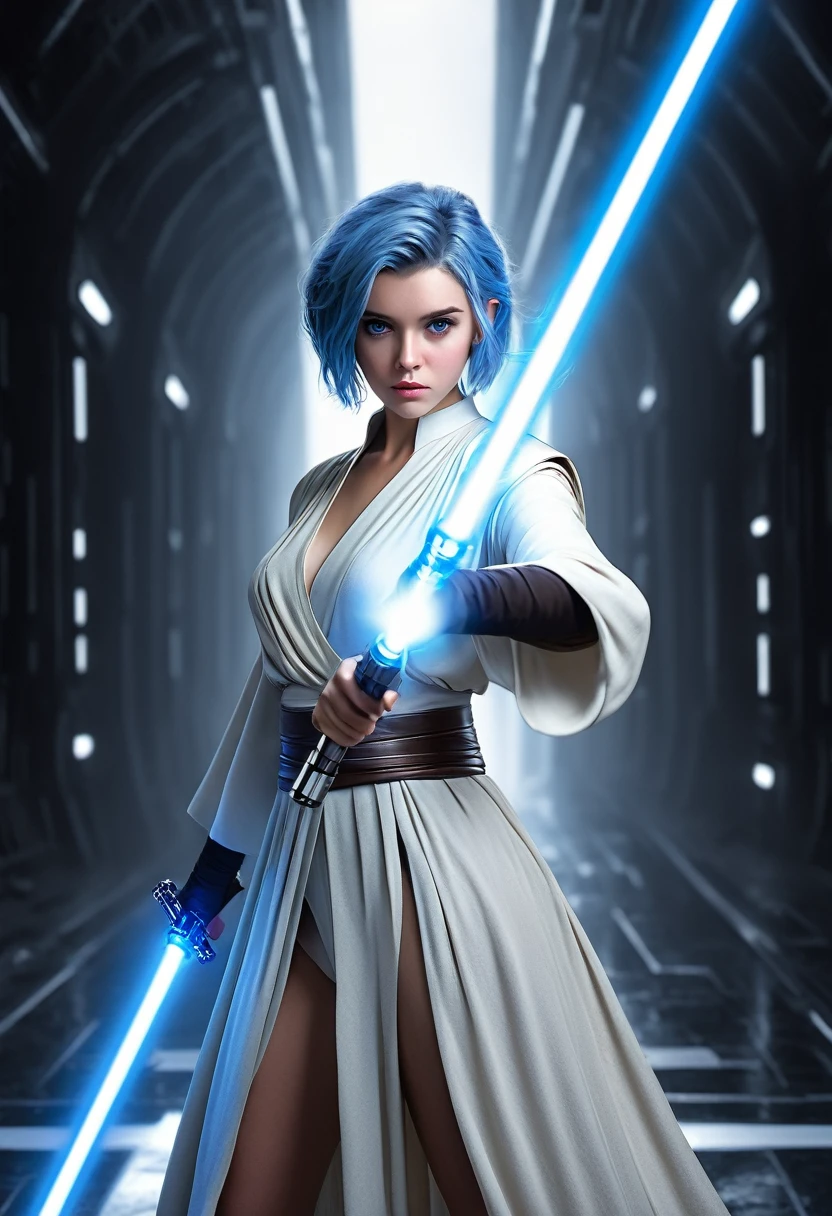 ultra wide angle, in focus, light epic background, gorgeous lifelike, dynamic pose, a young lady, (highly detailed face and eyes:1.3), cute expression, holding blue lightsaber in his hand, medium shot, hyper details, lighting art, cinematic, insane details, intricate details, hyperdetailed, jedi com roupas brancas, fractal, dark shot, big , full body, jedi (Star wars), white clothes, short hair, blue hair