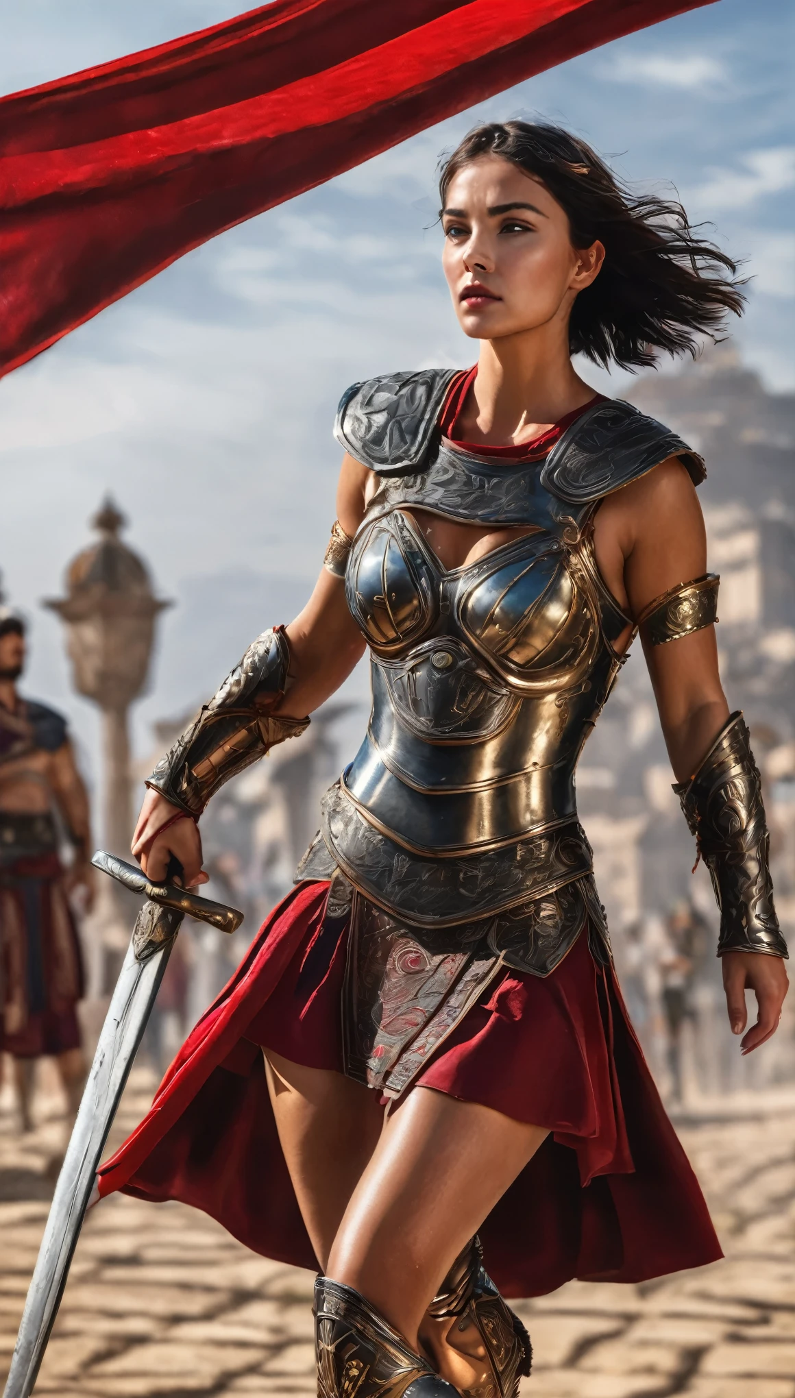 Highest quality, Realistic, photoRealistic, Award-winning photography, (Intricate details, Arena: 1.2), (Subtle details), (Intricate details), (Cinematic Light, Super sexy short hair woman, Gladiator, , huge firm bouncing chests, sexy long legs, dynamic sexy pose, Gladiatorの正装, Gladiatorの鎧, Gladiator, leg armor, Red Cape, Upper body close-up),