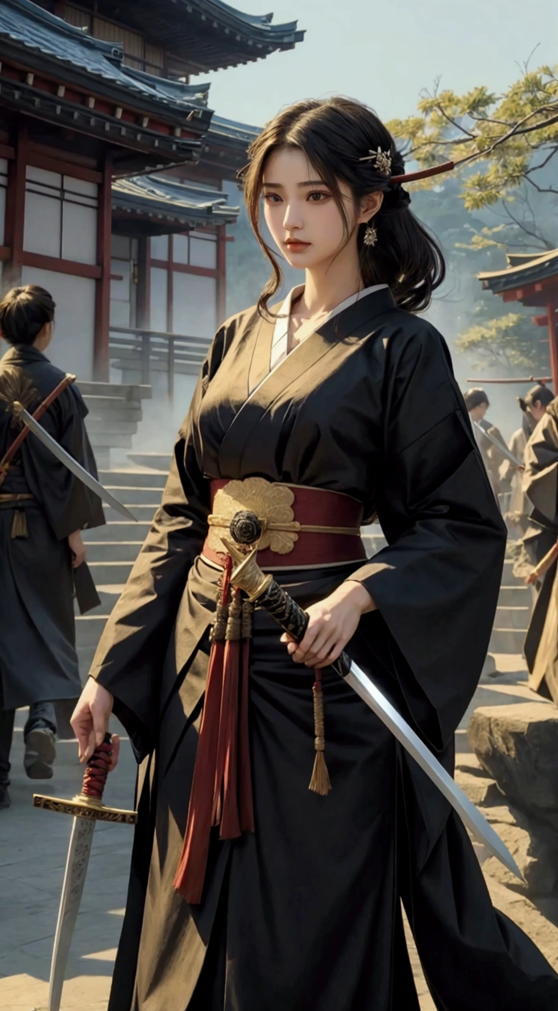 A beautiful woman holding a Japanese sword、Tie your hair back、hair ornaments、