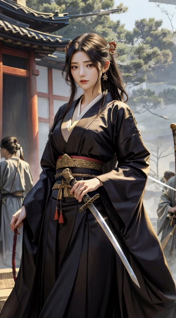 A beautiful woman holding a Japanese sword、Tie your hair back、hair ornaments、